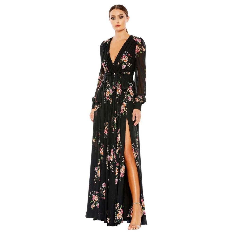 Mac Duggal 55661 Black Floral Long Sleeve Maxi Dress Size 6 $398